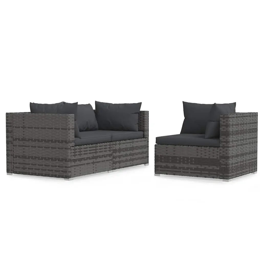 3 Piece Outdoor Garden Lounge Set Grey Modular Sectional Sofa with Waterproof PE Rattan and Removable Cushions