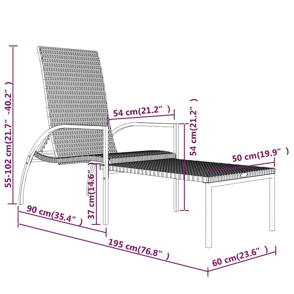 Sun Lounger Brown Steel Frame Adjustable Backrest Integrated Footrest Outdoor Lounge Chair