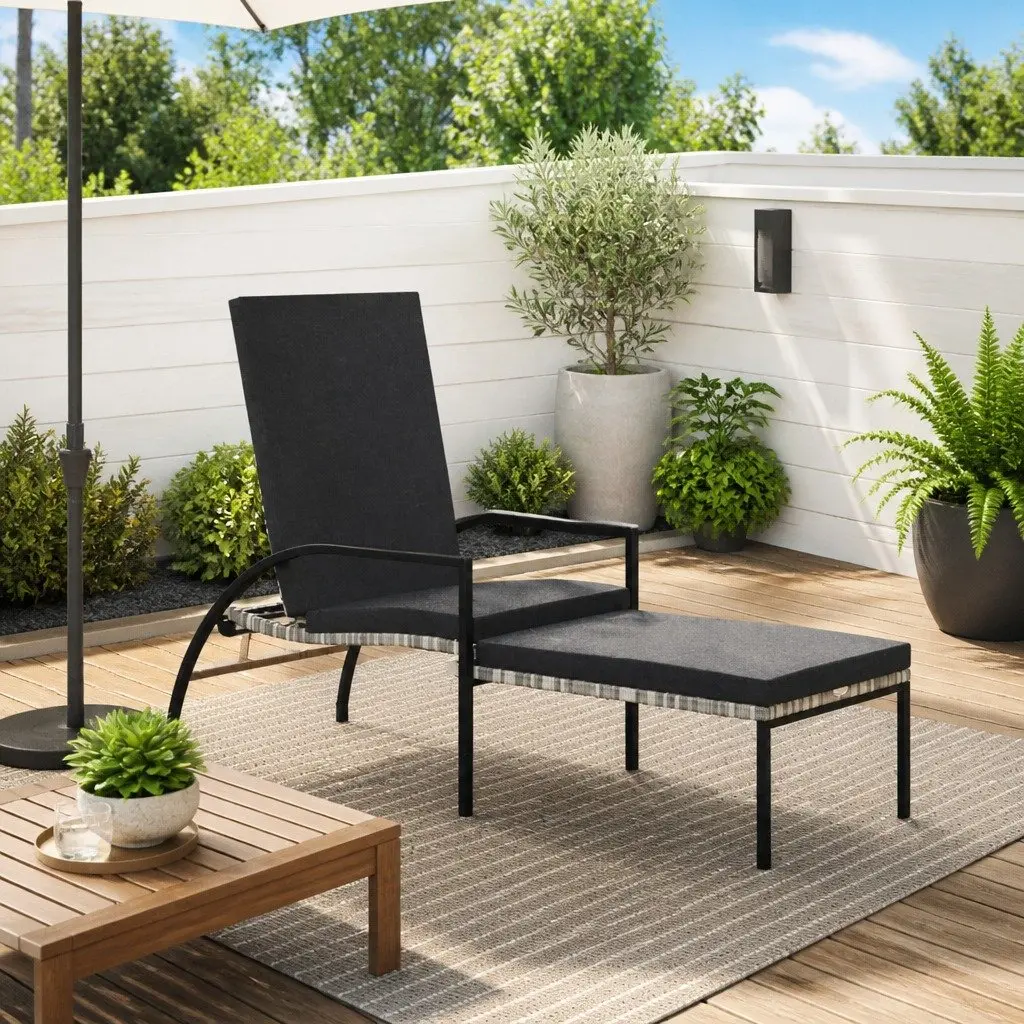 Sun Lounger Grey Adjustable Backrest Integrated Footrest Steel Frame Outdoor Chair