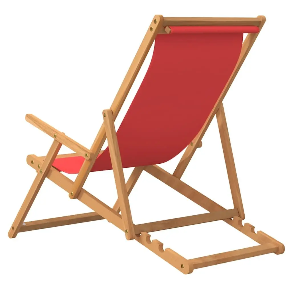 Folding Beach Chair Red Solid Teak Wood Adjustable Backrest Outdoor Garden