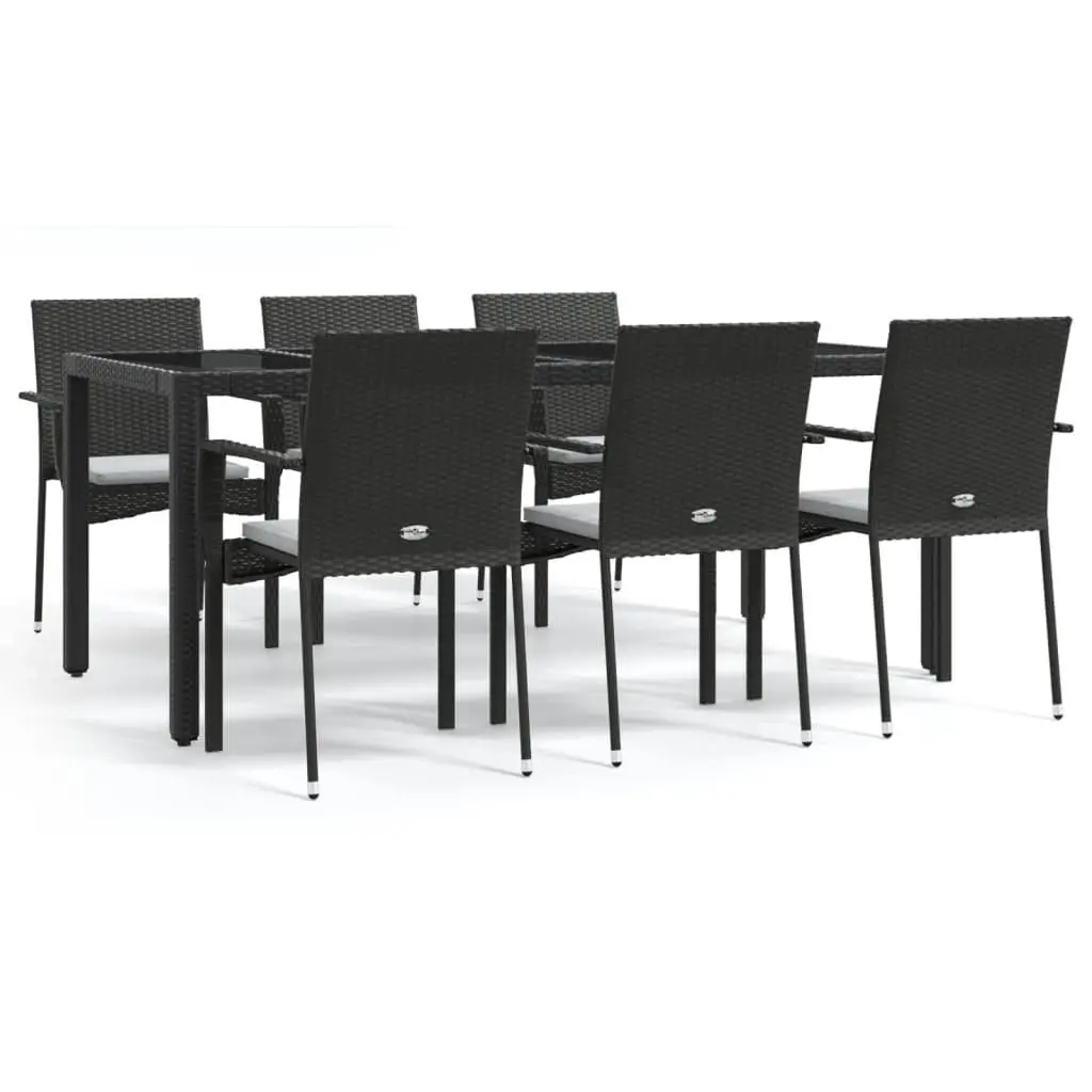 7 Piece Garden Dining Set Black Poly Rattan with Cushions