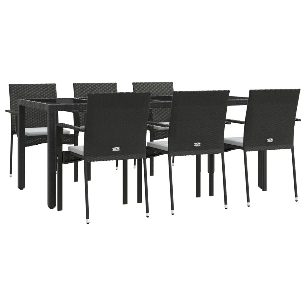 7 Piece Garden Dining Set Black Poly Rattan with Cushions