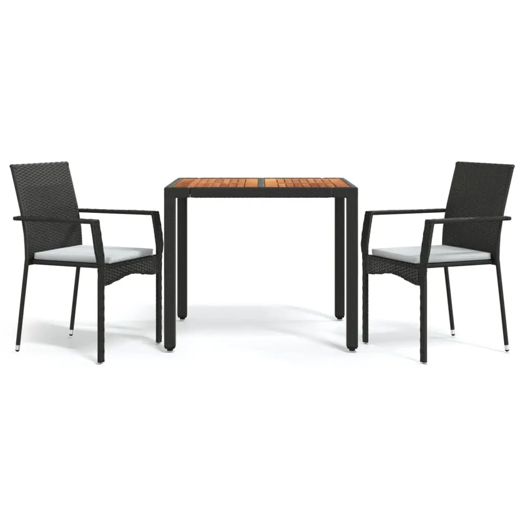 Garden Dining Set Black 3 Piece Outdoor Patio Furniture Weather-Resistant PE Rattan Steel Frame Acacia Wood Table