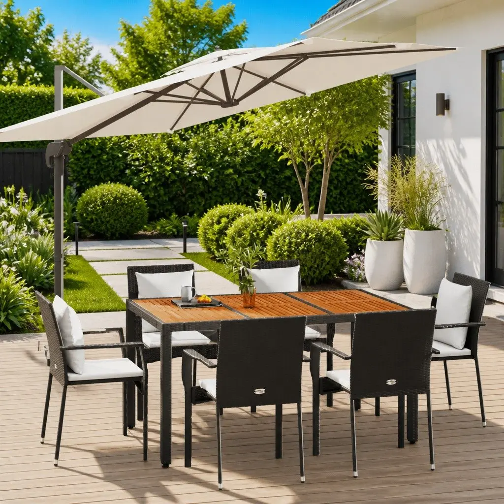 7 Piece Outdoor Garden Dining Set Black Poly Rattan Weather Resistant Furniture