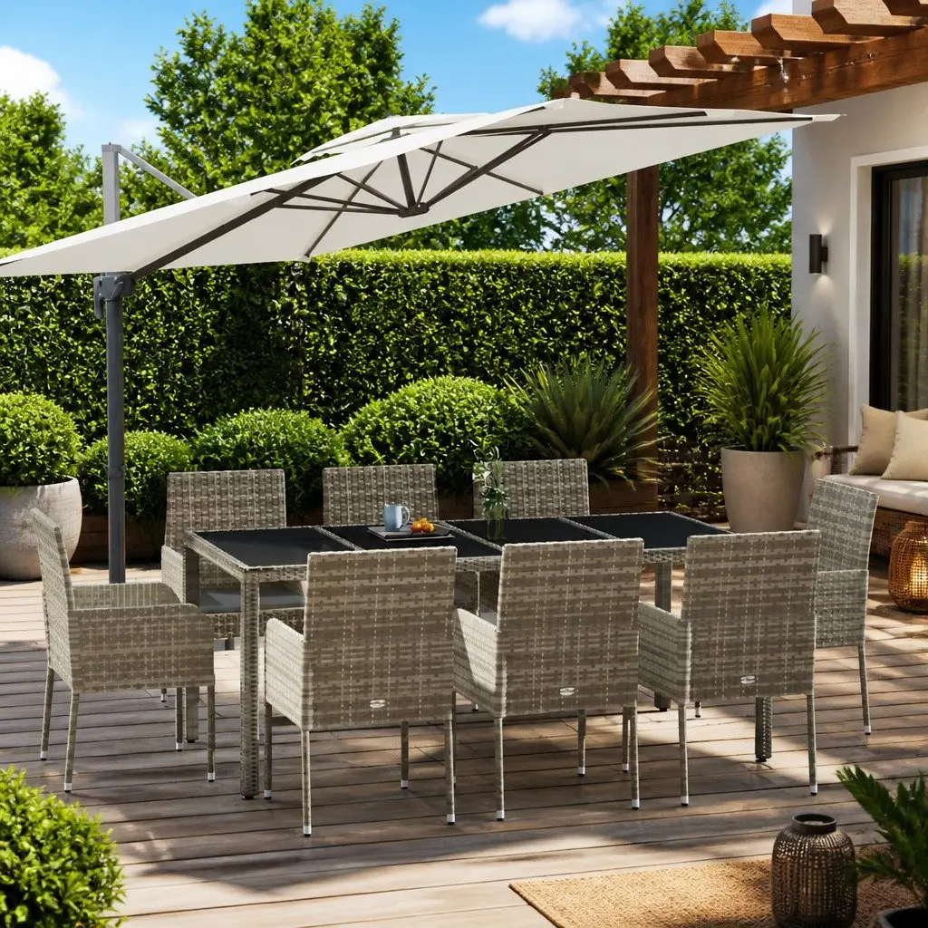 Garden Dining Set 9 Piece Outdoor Patio Furniture Grey Poly Rattan with Cushions