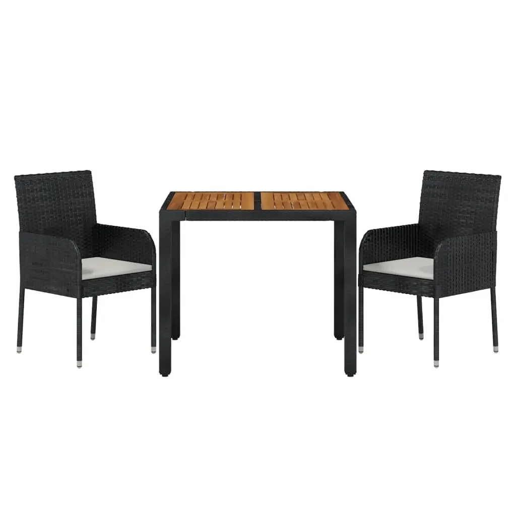 3 Piece Garden Dining Set Black Rattan Outdoor Patio Furniture with Cushions