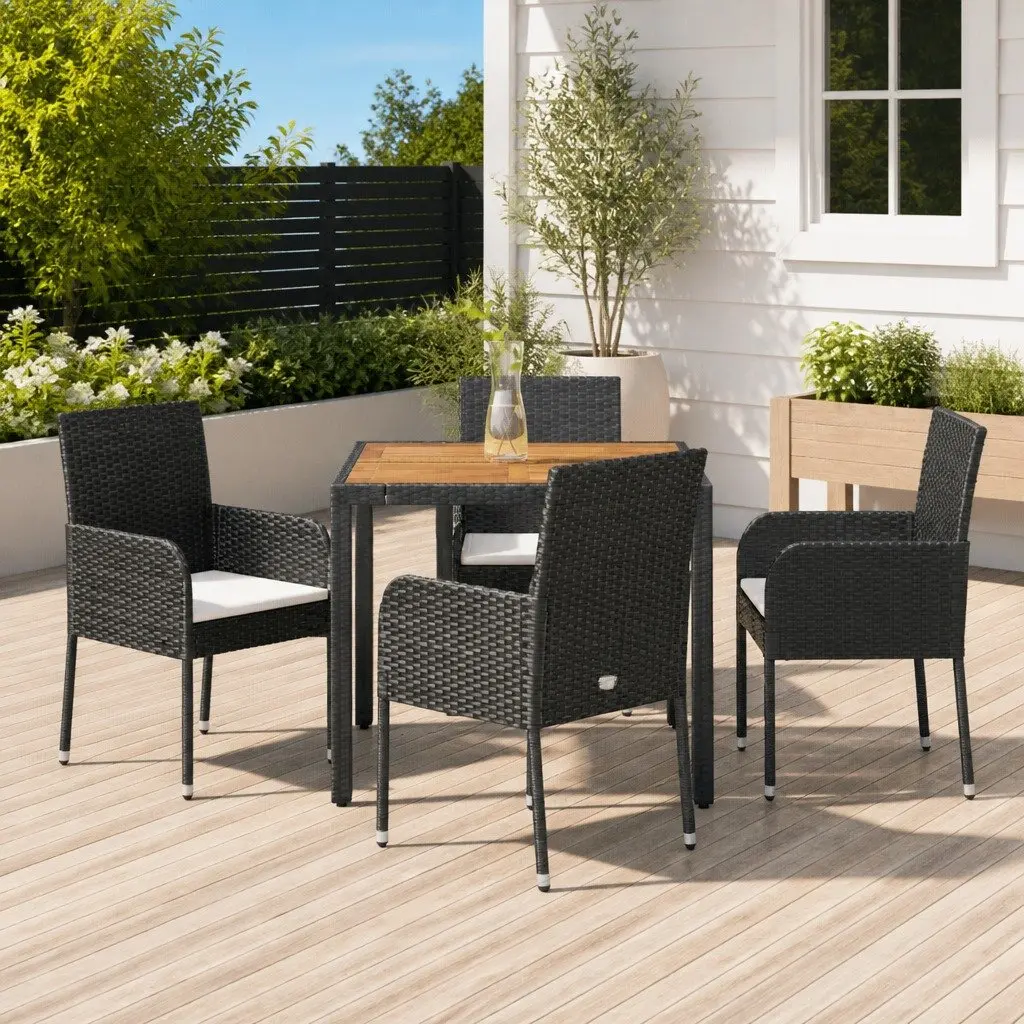 5 Piece Outdoor Dining Set Black Rattan Chairs Table with Cushions