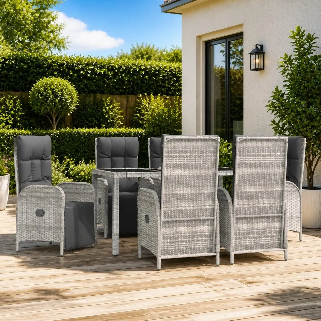 Garden Dining Set Grey 7 Piece Outdoor Furniture Weather-Resistant PE Rattan Chairs Table
