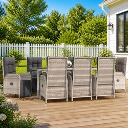 Garden Dining Set 9 Piece Grey Poly Rattan Outdoor Furniture with Cushions