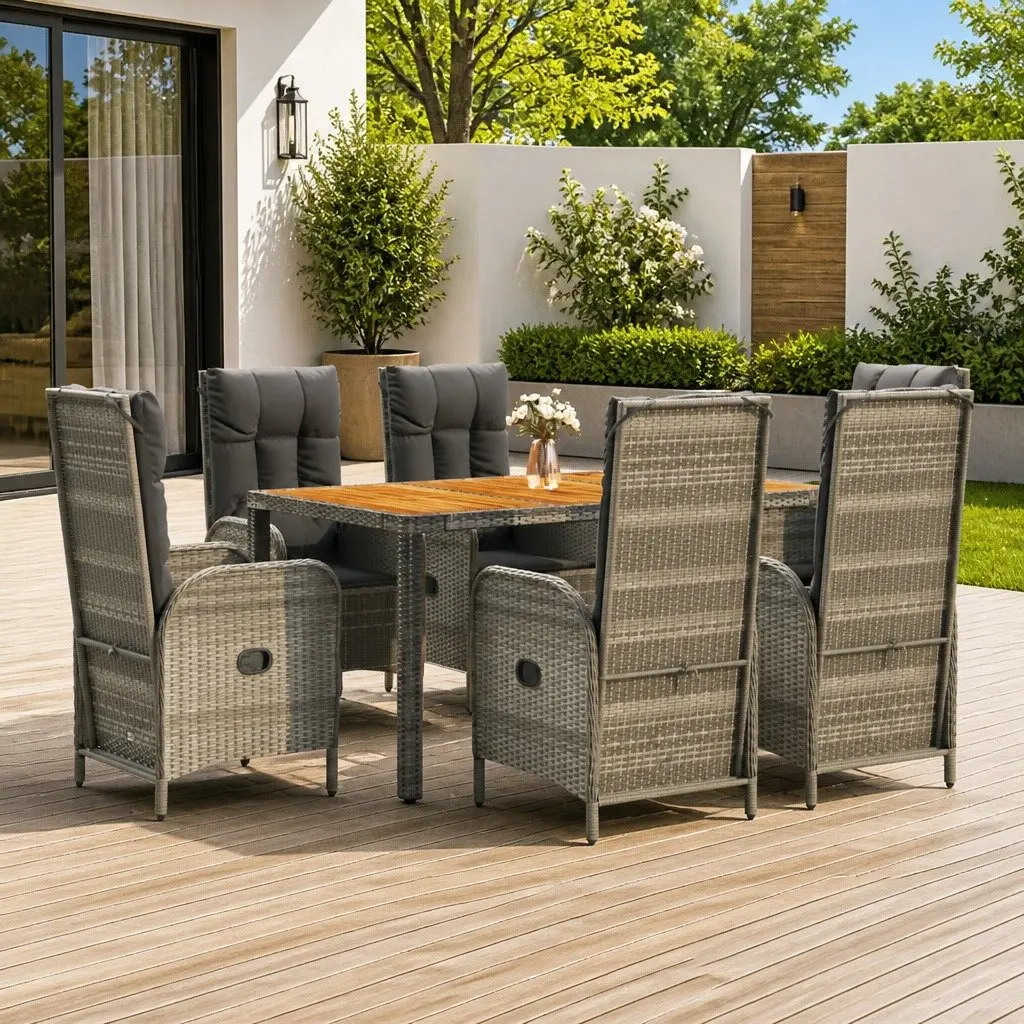 Garden Dining Set Grey 7 Piece Weather Resistant PE Rattan Chairs Table Solid Acacia Wood Top