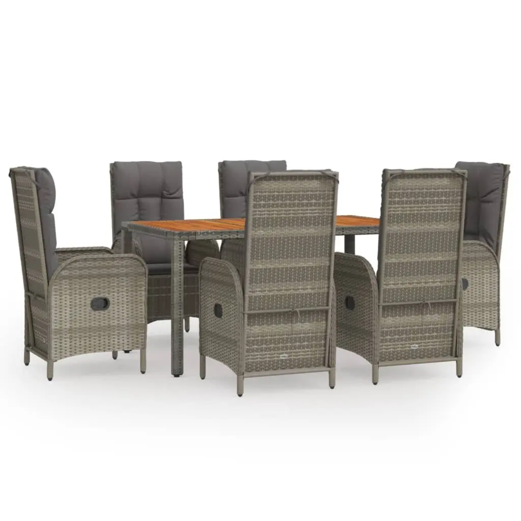Garden Dining Set Grey 7 Piece Weather Resistant PE Rattan Chairs Table Solid Acacia Wood Top