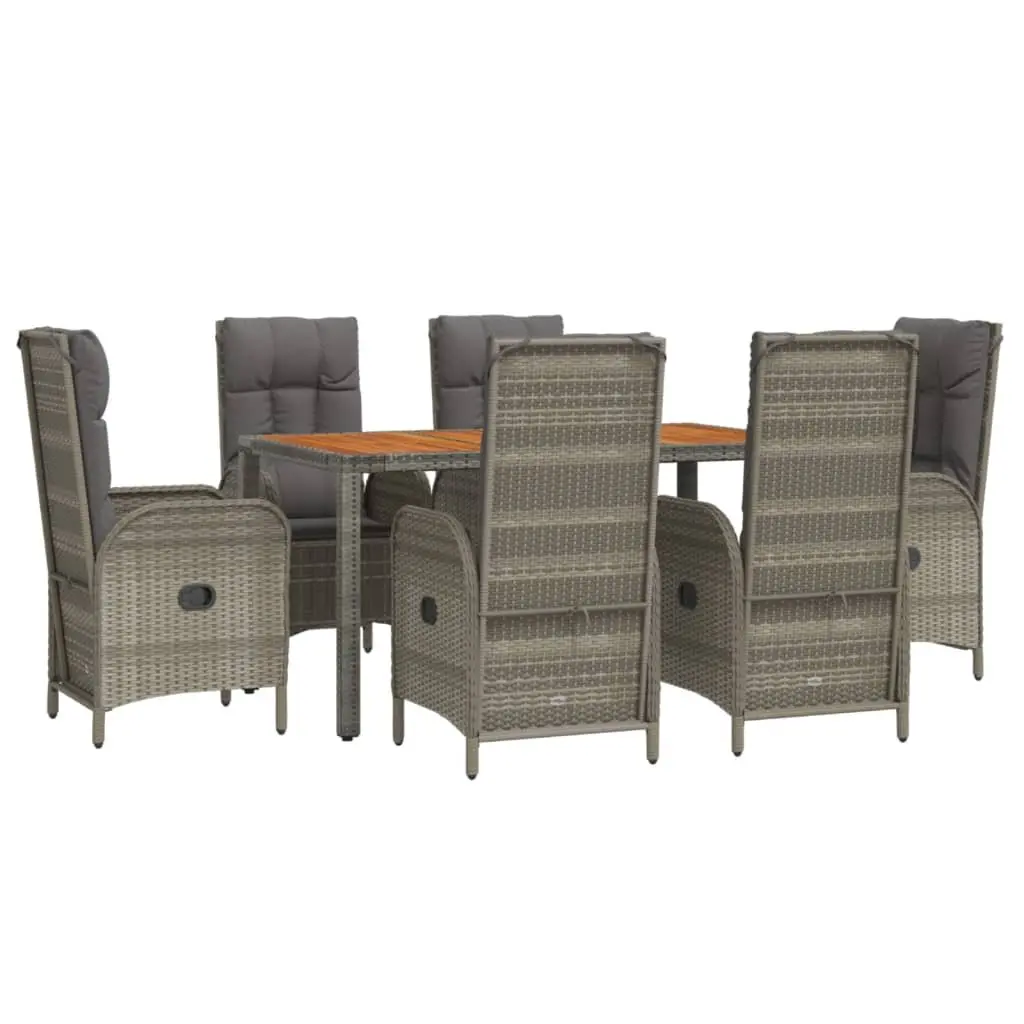 Garden Dining Set Grey 7 Piece Weather Resistant PE Rattan Chairs Table Solid Acacia Wood Top