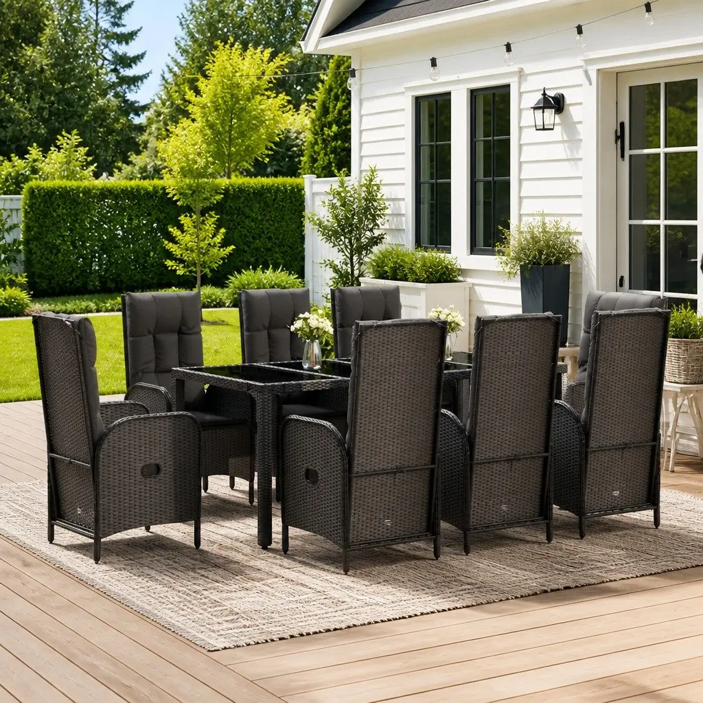Garden Dining Set 9 Piece Outdoor Furniture Black Grey Poly Rattan Chairs Table