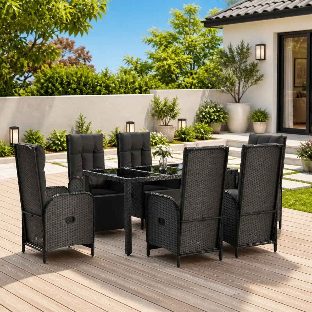 Garden Dining Set Black 7 Piece Outdoor Furniture Weather-resistant PE Rattan Sturdy Steel Frame Tempered Glass Table Reclining Chairs