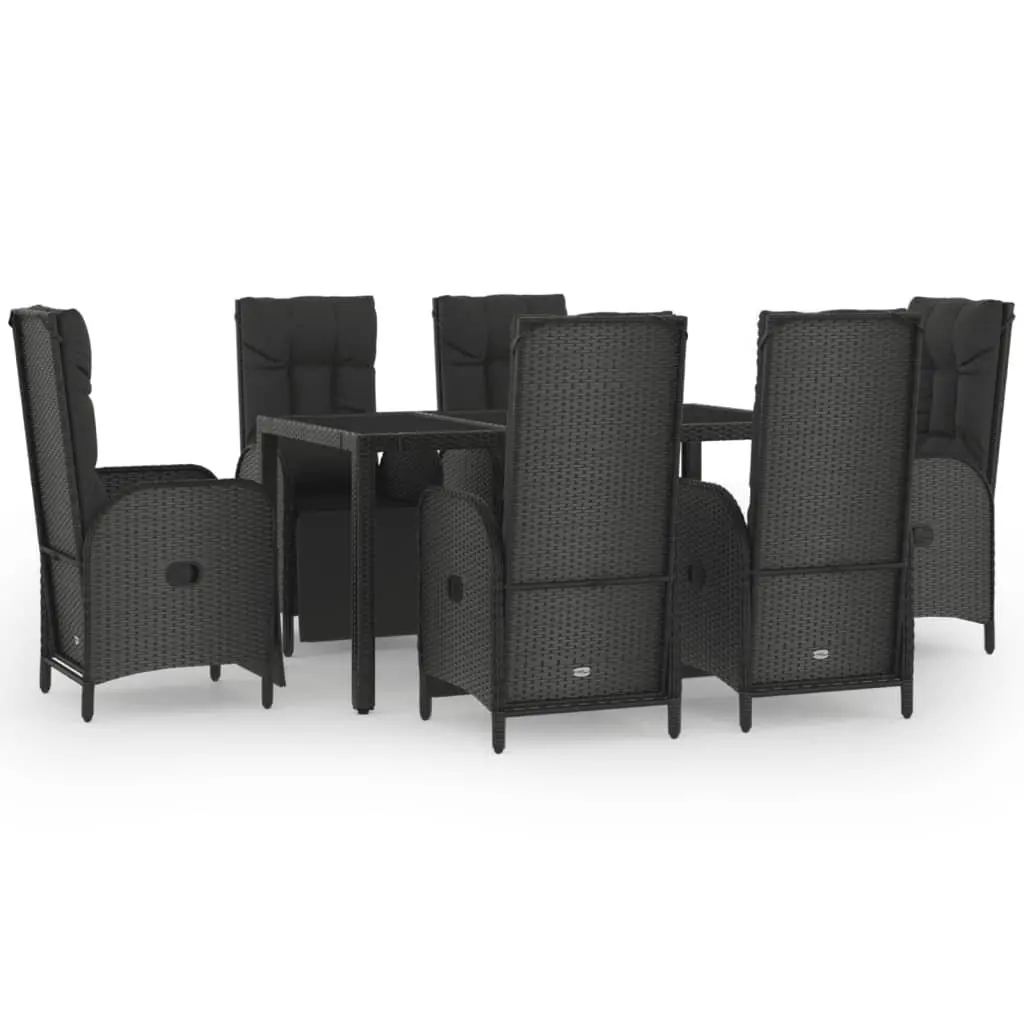 Garden Dining Set Black 7 Piece Outdoor Furniture Weather-resistant PE Rattan Sturdy Steel Frame Tempered Glass Table Reclining Chairs