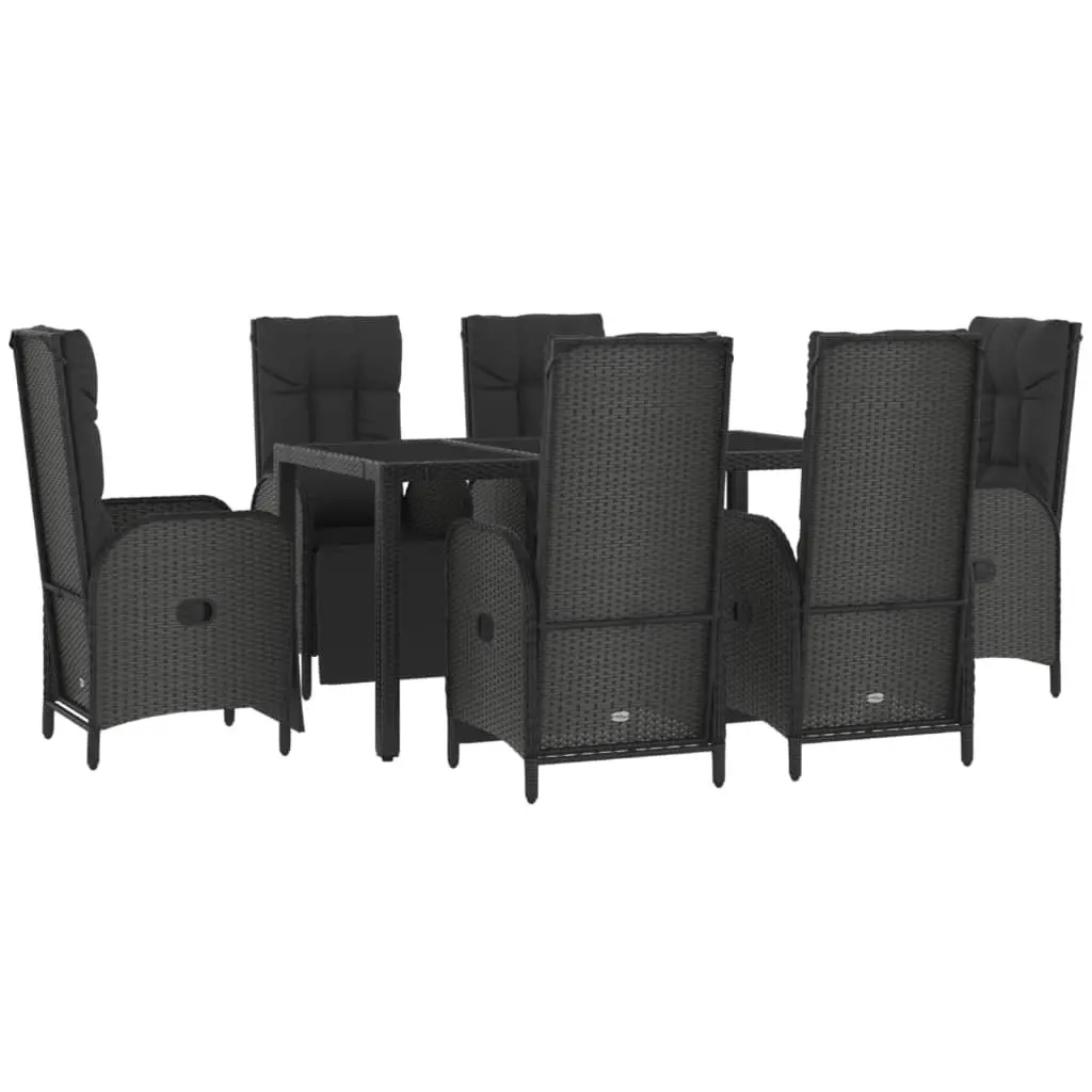 Garden Dining Set Black 7 Piece Outdoor Furniture Weather-resistant PE Rattan Sturdy Steel Frame Tempered Glass Table Reclining Chairs