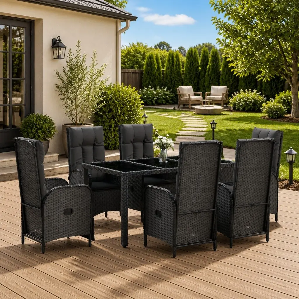 Garden Dining Set 7 Piece Outdoor Furniture Black Poly Rattan Chair Table