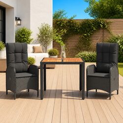 3 Piece Garden Dining Set with Cushions Black Poly Rattan Outdoor Furniture