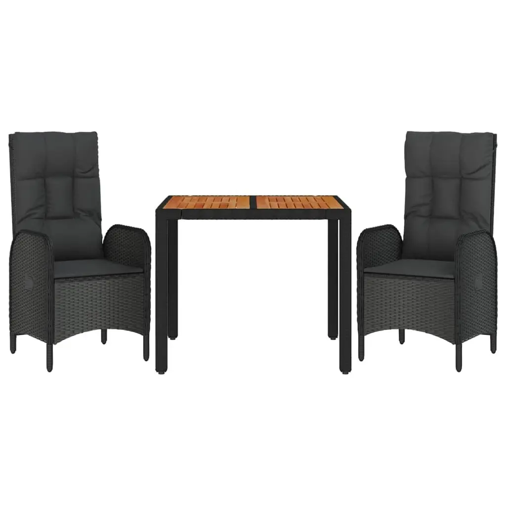 3 Piece Garden Dining Set Black Poly Rattan Outdoor Furniture with Cushions