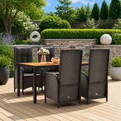 Garden Dining Set 5 Piece Black Poly Rattan Outdoor Furniture with Cushions