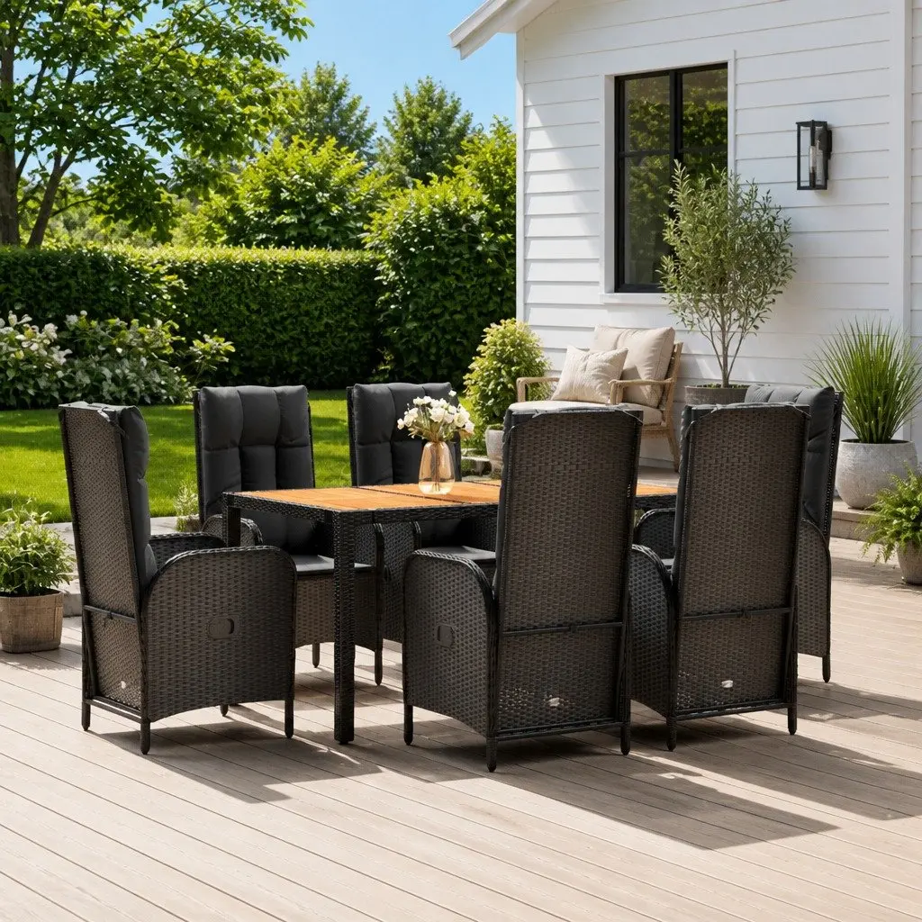 Garden Dining Set 7 Piece Outdoor Furniture Table Chairs Cushions Black Rattan