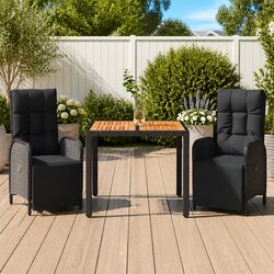 3 Piece Outdoor Dining Set with Cushioned Chairs and Black Poly Rattan
