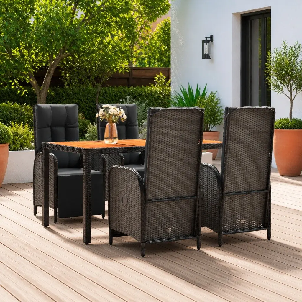 5 Piece Outdoor Garden Dining Set Black Poly Rattan Cushions Reclining Backrest