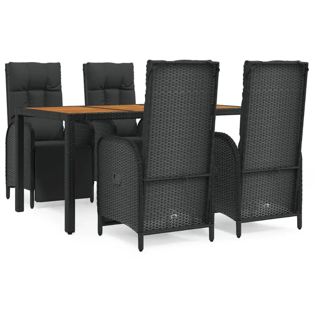 5 Piece Outdoor Garden Dining Set Black Poly Rattan Cushions Reclining Backrest
