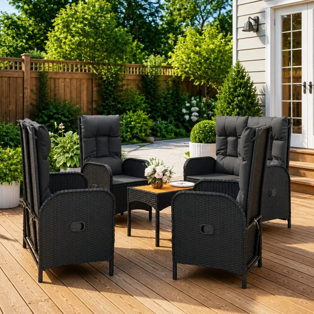 5 Piece Outdoor Dining Set Black PE Rattan Chairs Table with Reclining Function and Padded Cushions