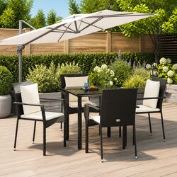 5 Piece Garden Dining Set Outdoor Furniture Black Poly Rattan Cushions Patio