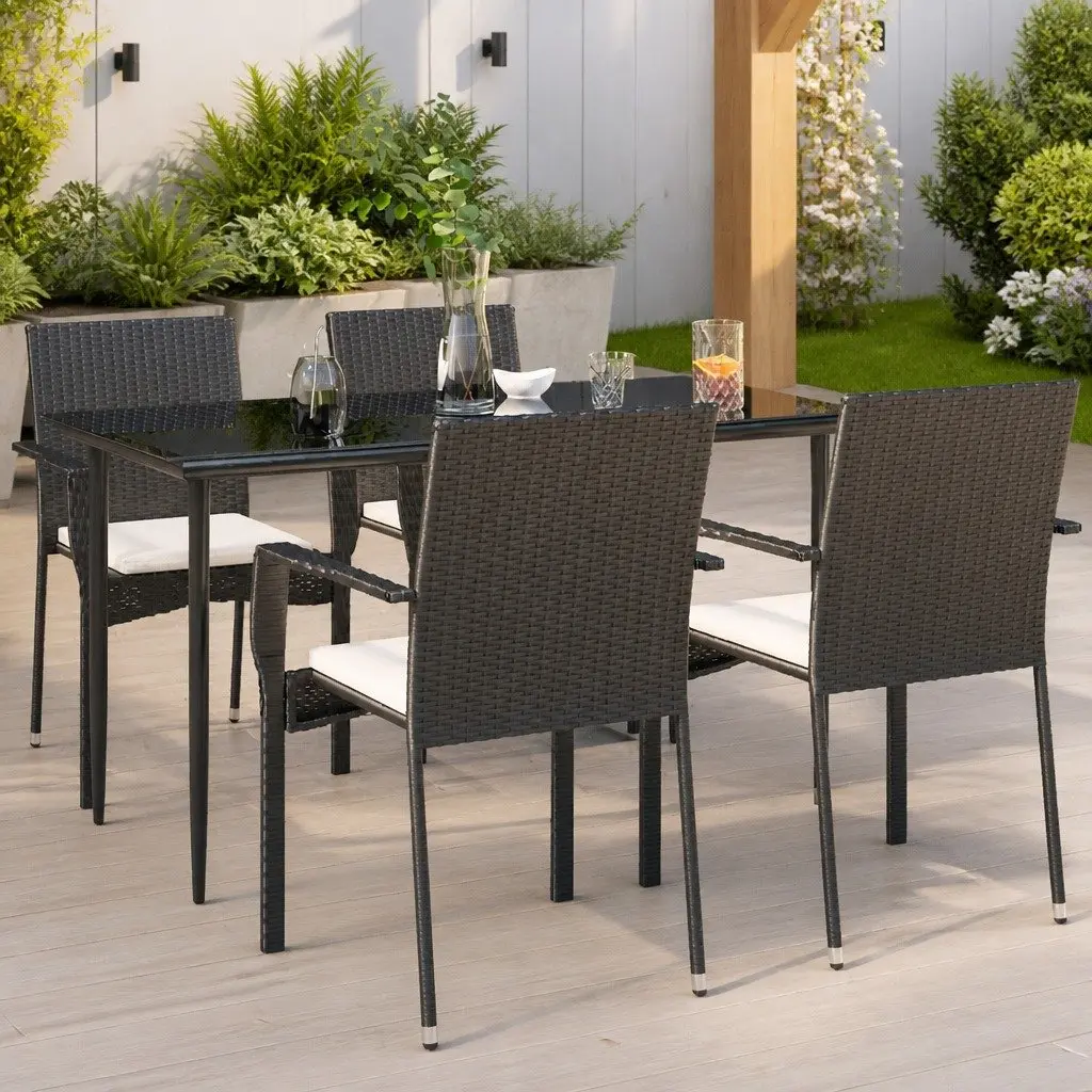 5 Piece Outdoor Dining Set Black PE Rattan Garden Patio Furniture with Tempered Glass Tabletop and Padded Cushions