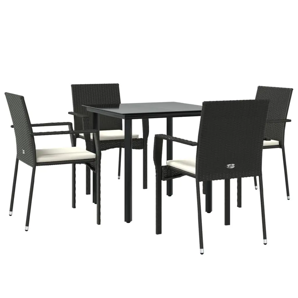 5 Piece Garden Dining Set Black Poly Rattan Chairs Table Cushions