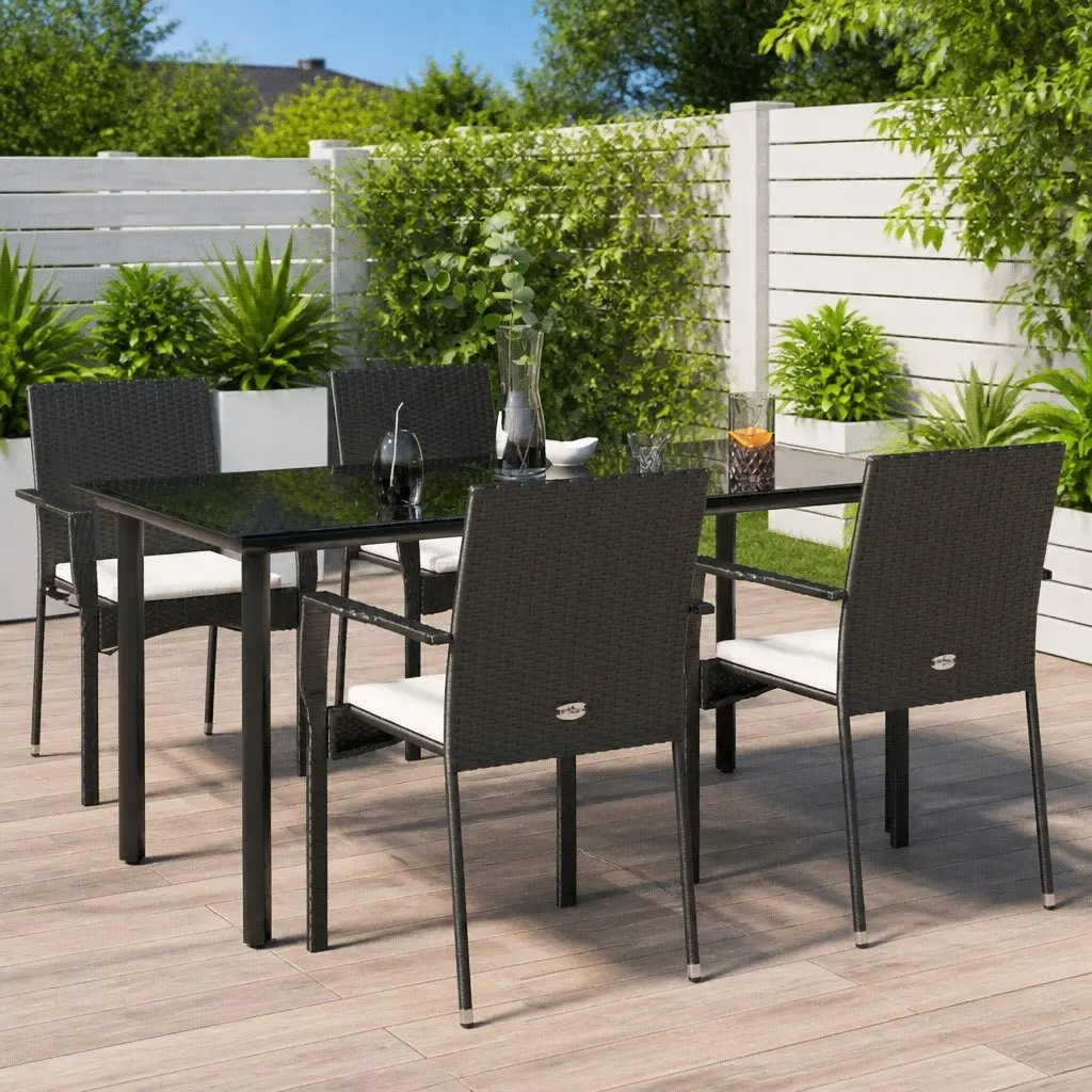 5 Piece Outdoor Garden Dining Set Black PE Rattan Cushions Powder-coated Steel Frame Tempered Glass Tabletop