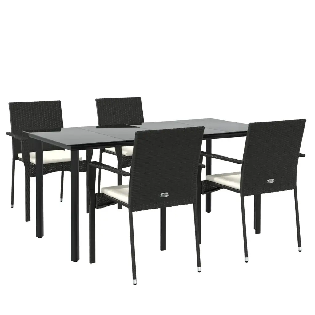 5 Piece Outdoor Garden Dining Set Black PE Rattan Cushions Powder-coated Steel Frame Tempered Glass Tabletop