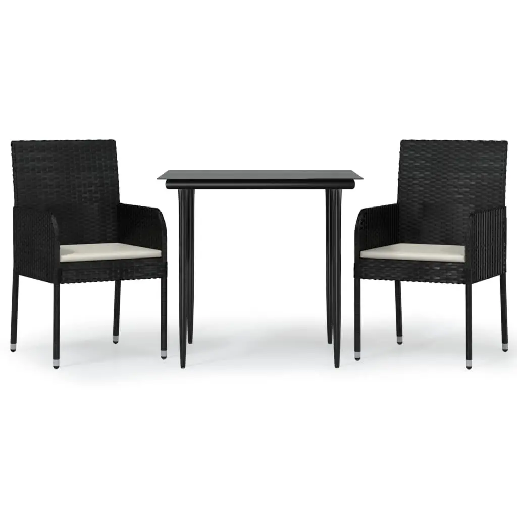 3 Piece Garden Dining Set Black Weather-resistant PE Rattan Steel Frame Tempered Glass Tabletop