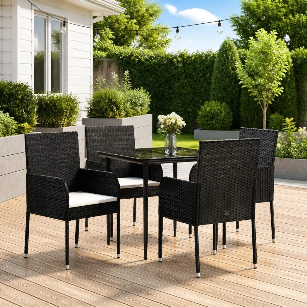 5 Piece Garden Dining Set Black Outdoor Patio Furniture Weather-Resistant PE Rattan with Powder-Coated Steel Frame and Tempered Glass Top
