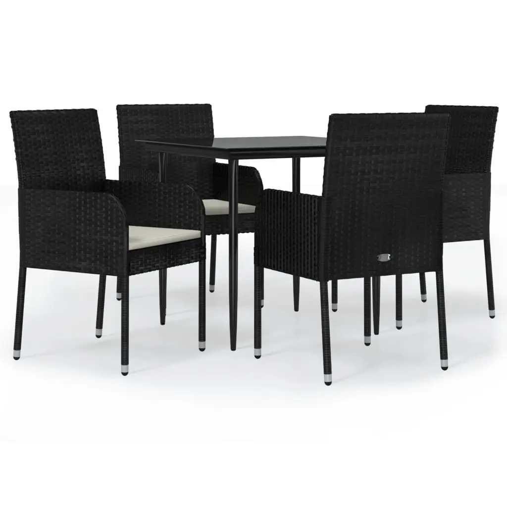 5 Piece Garden Dining Set Black Outdoor Patio Furniture Weather-Resistant PE Rattan with Powder-Coated Steel Frame and Tempered Glass Top