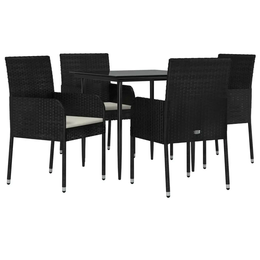 5 Piece Garden Dining Set Black Outdoor Patio Furniture Weather-Resistant PE Rattan with Powder-Coated Steel Frame and Tempered Glass Top