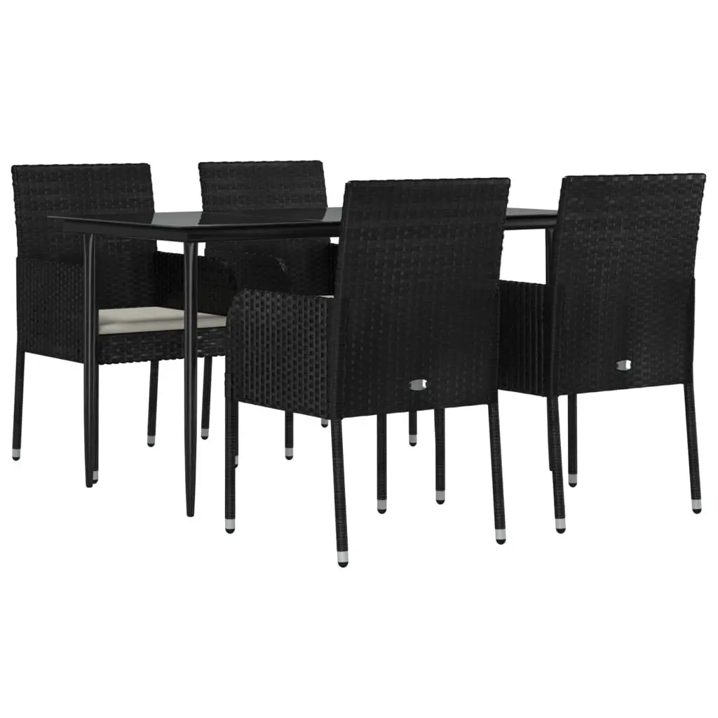 5 Piece Garden Dining Set Black PE Poly Rattan Powder-Coated Steel Frame Tempered Glass Top