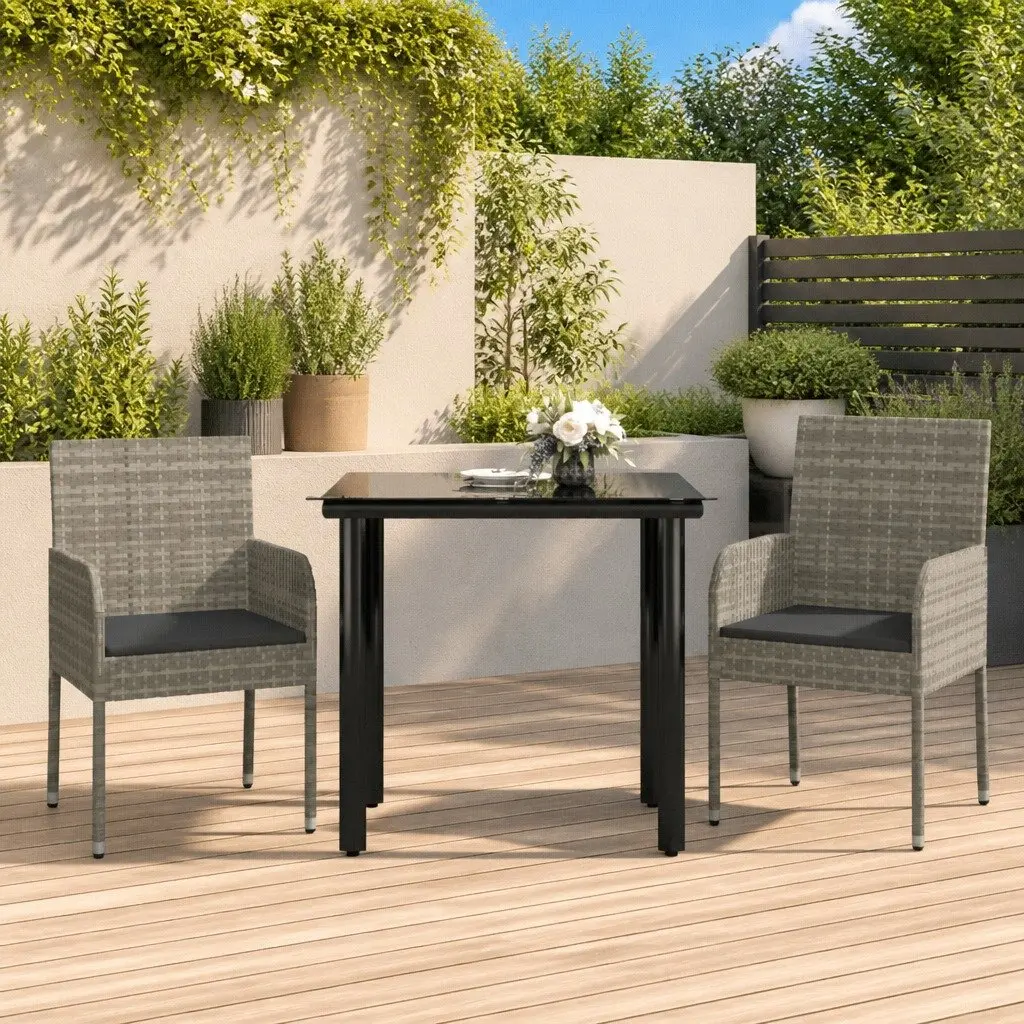 Garden Dining Set 3 Piece Outdoor Patio Furniture with Cushions Grey Rattan