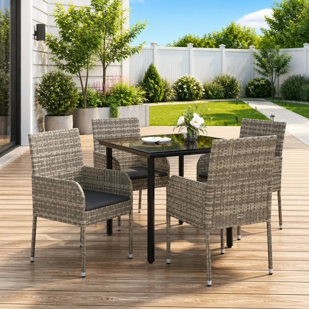 Outdoor Dining Set Grey 5 Piece Patio Furniture with Cushioned Chairs and Tempered Glass Table