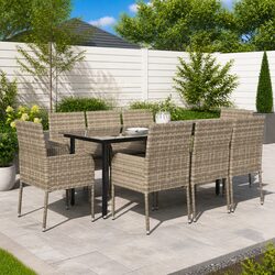 Garden Dining Set 9 Piece Outdoor Patio Furniture Grey Poly Rattan with Cushions