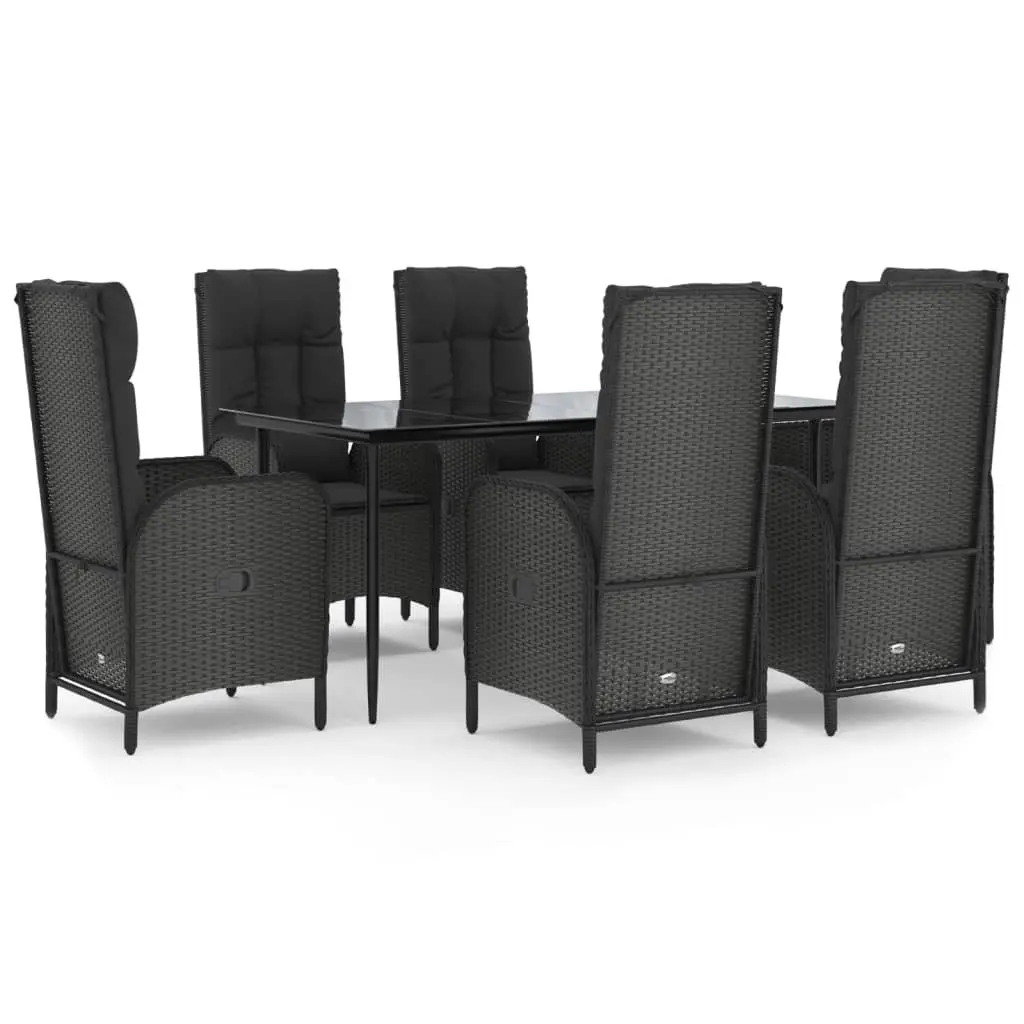 7 Piece Garden Dining Set Black Outdoor Furniture PE Rattan Chairs Table with Reclining Function and Cushions
