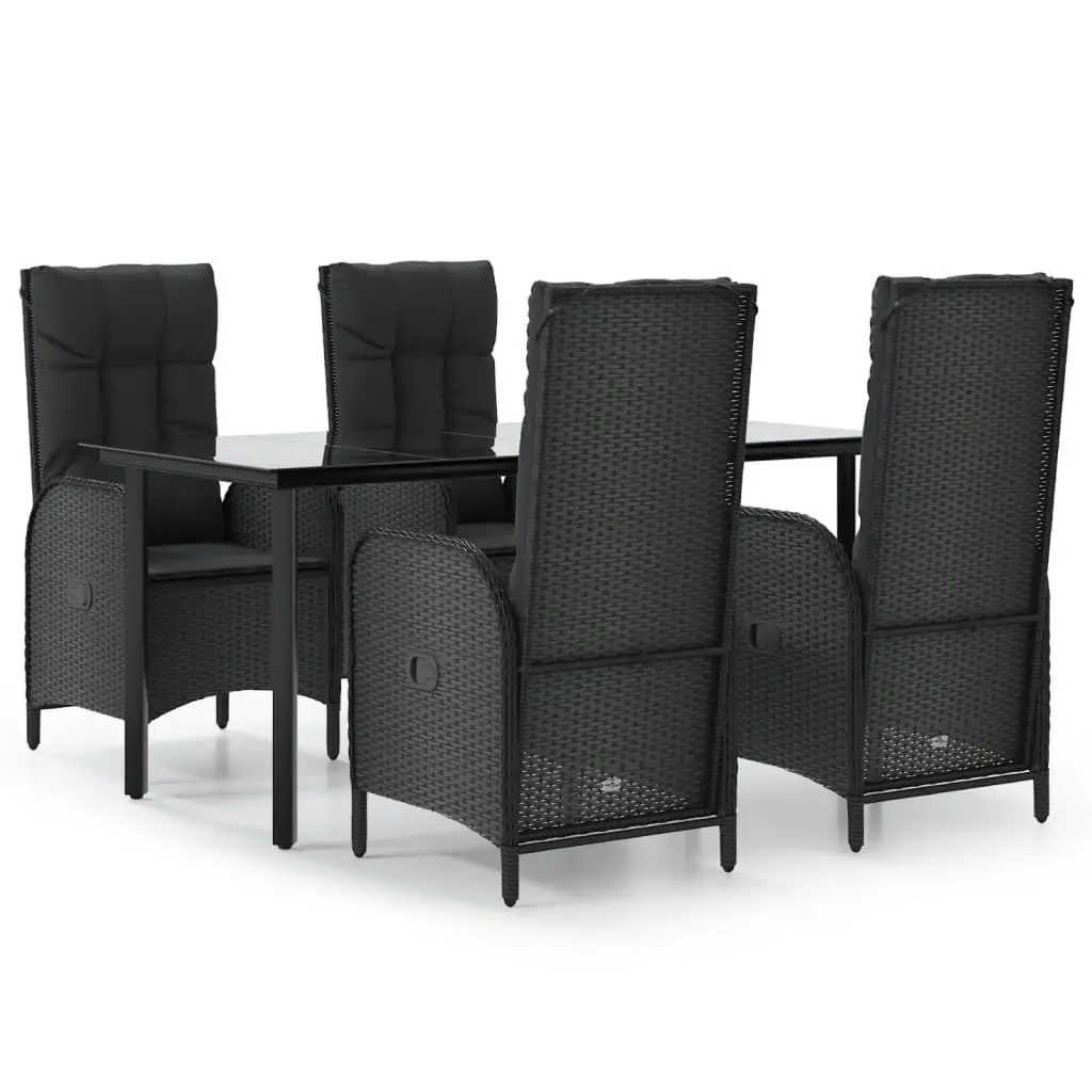 5 Piece Outdoor Dining Set Black Poly Rattan Table with Tempered Glass Top and Reclining Chairs with Cushions