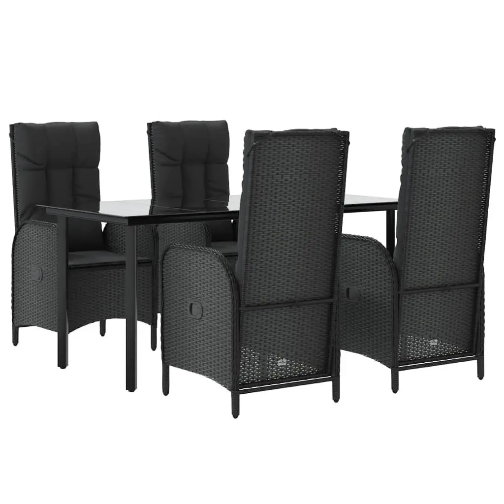 5 Piece Outdoor Dining Set Black Poly Rattan Table with Tempered Glass Top and Reclining Chairs with Cushions