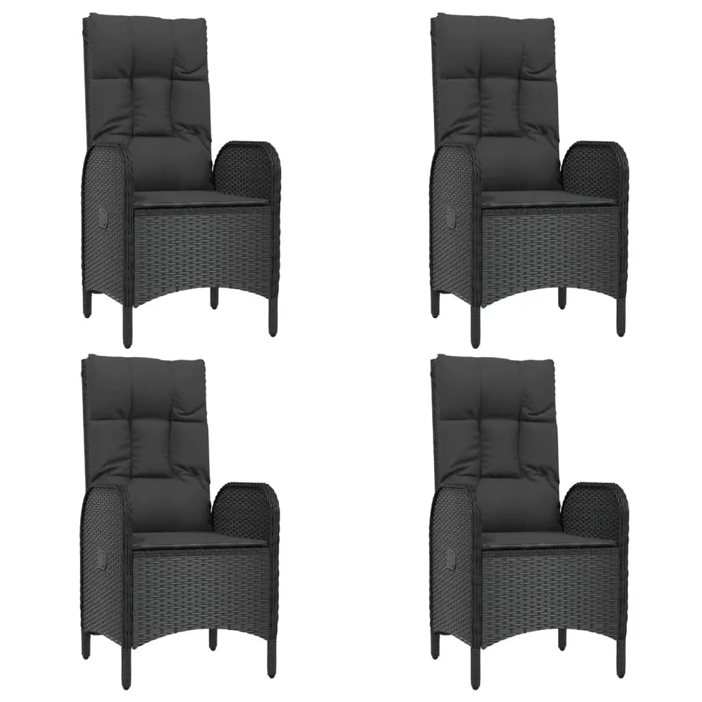 5 Piece Outdoor Dining Set Black Poly Rattan Table with Tempered Glass Top and Reclining Chairs with Cushions
