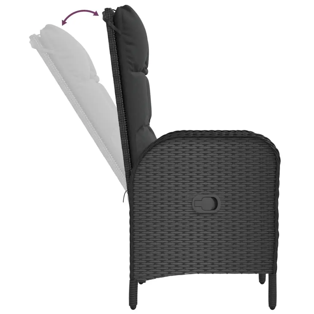 5 Piece Outdoor Dining Set Black Poly Rattan Table with Tempered Glass Top and Reclining Chairs with Cushions