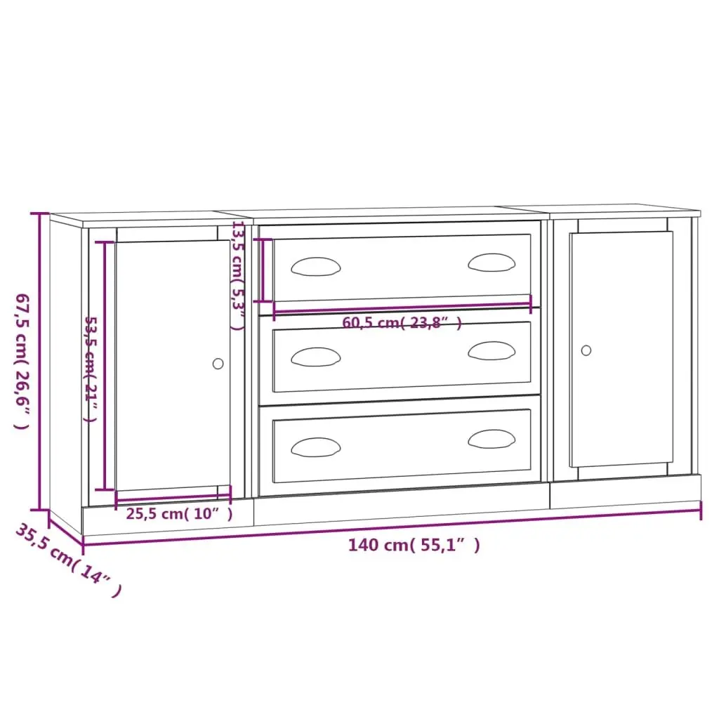 White High Gloss Sideboards 3 Piece Set Storage Cabinet Buffet Furniture