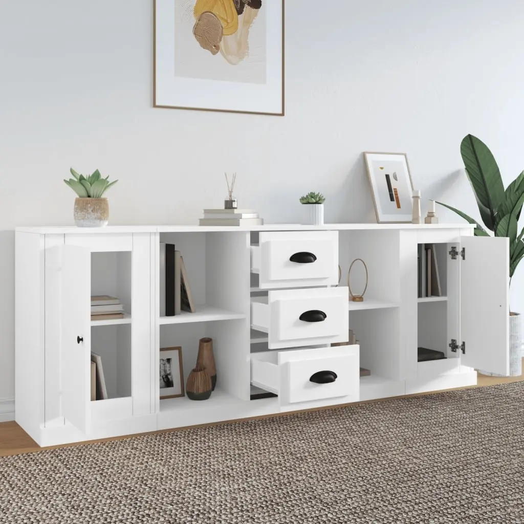 3 Piece Sideboards White Engineered Wood Storage Cabinet Set Ample Storage