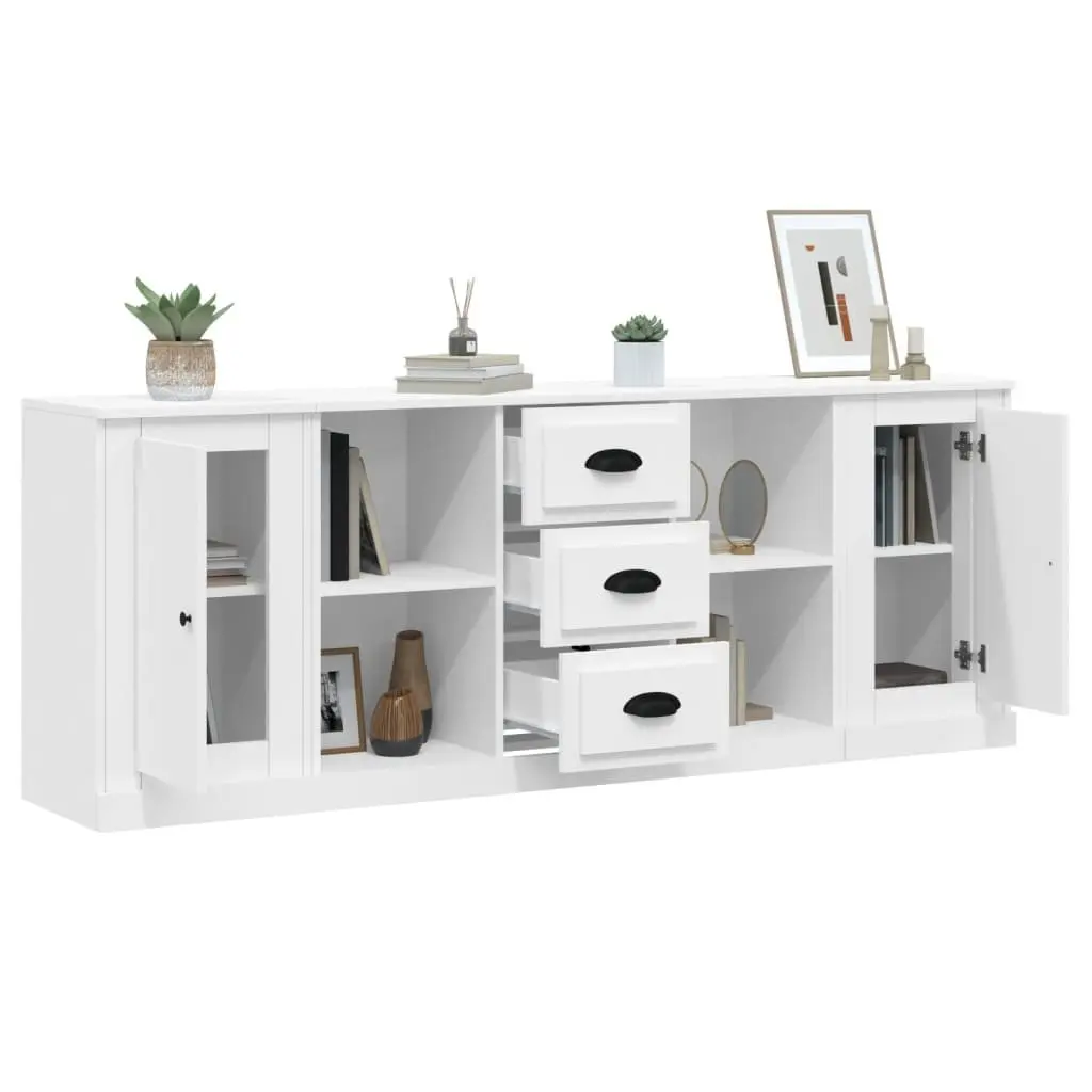 3 Piece Sideboards White Engineered Wood Storage Cabinet Set Ample Storage